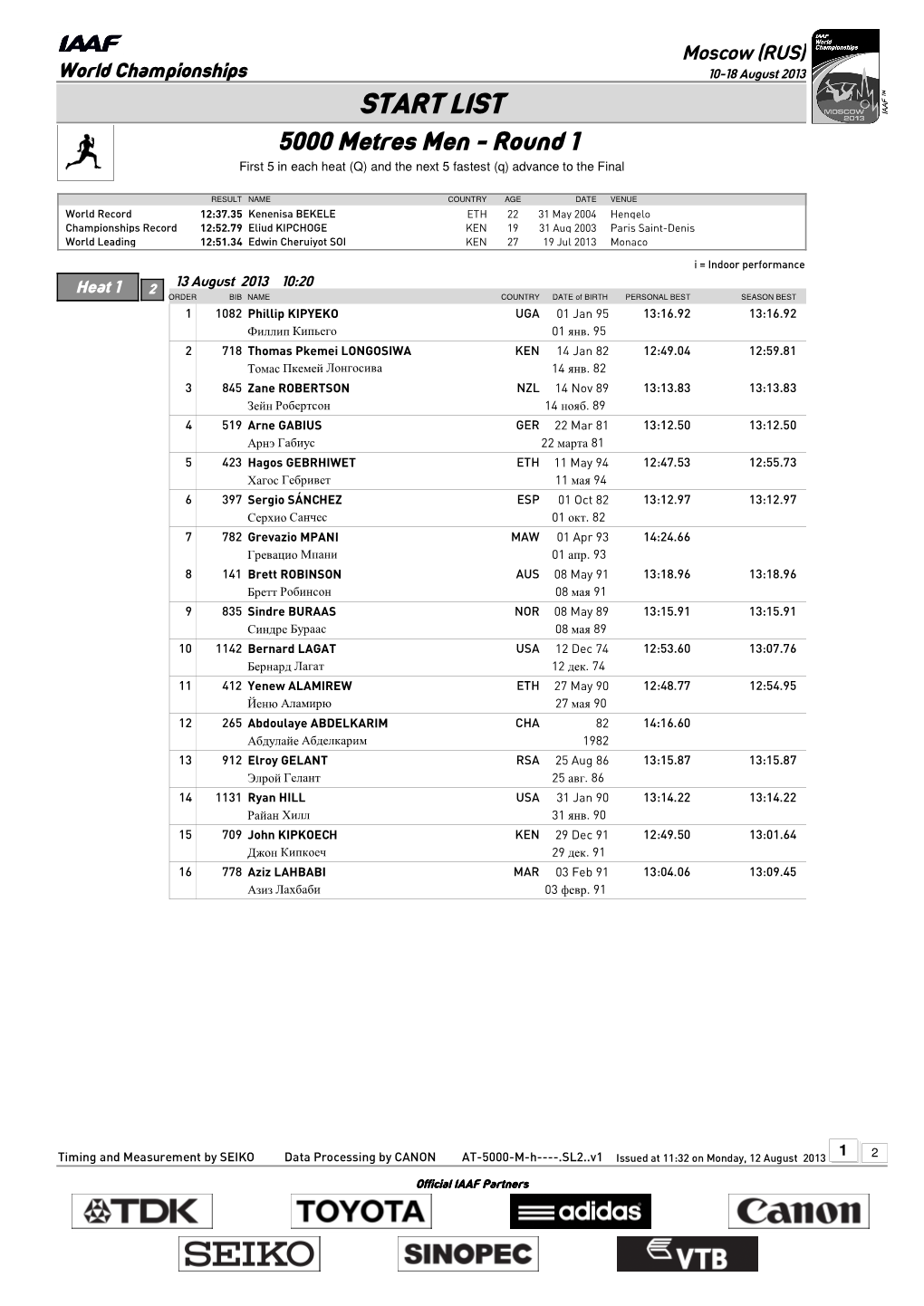 START LIST 5000 Metres Men - Round 1 First 5 in Each Heat (Q) and the Next 5 Fastest (Q) Advance to the Final