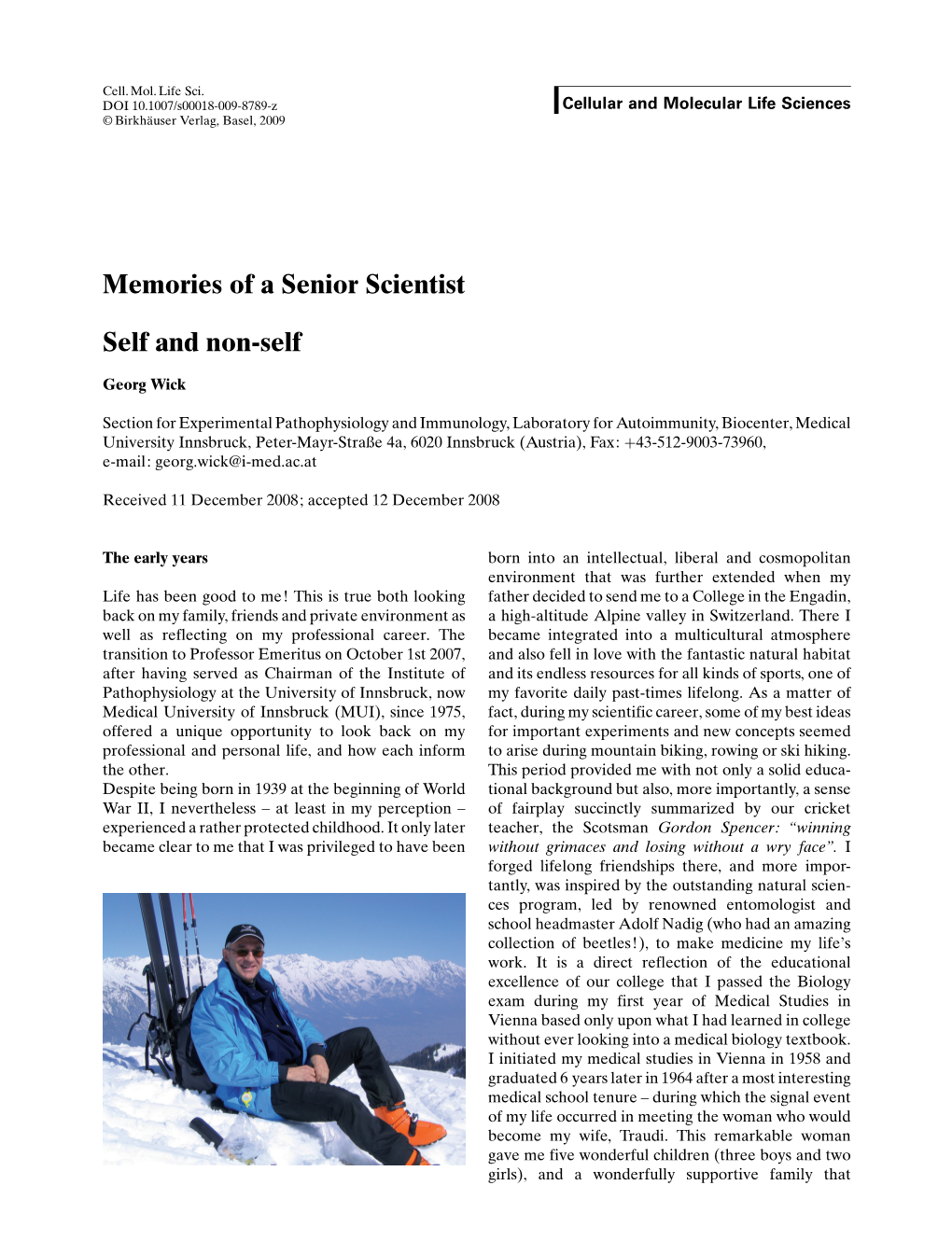 Memories of a Senior Scientist Self and Non-Self