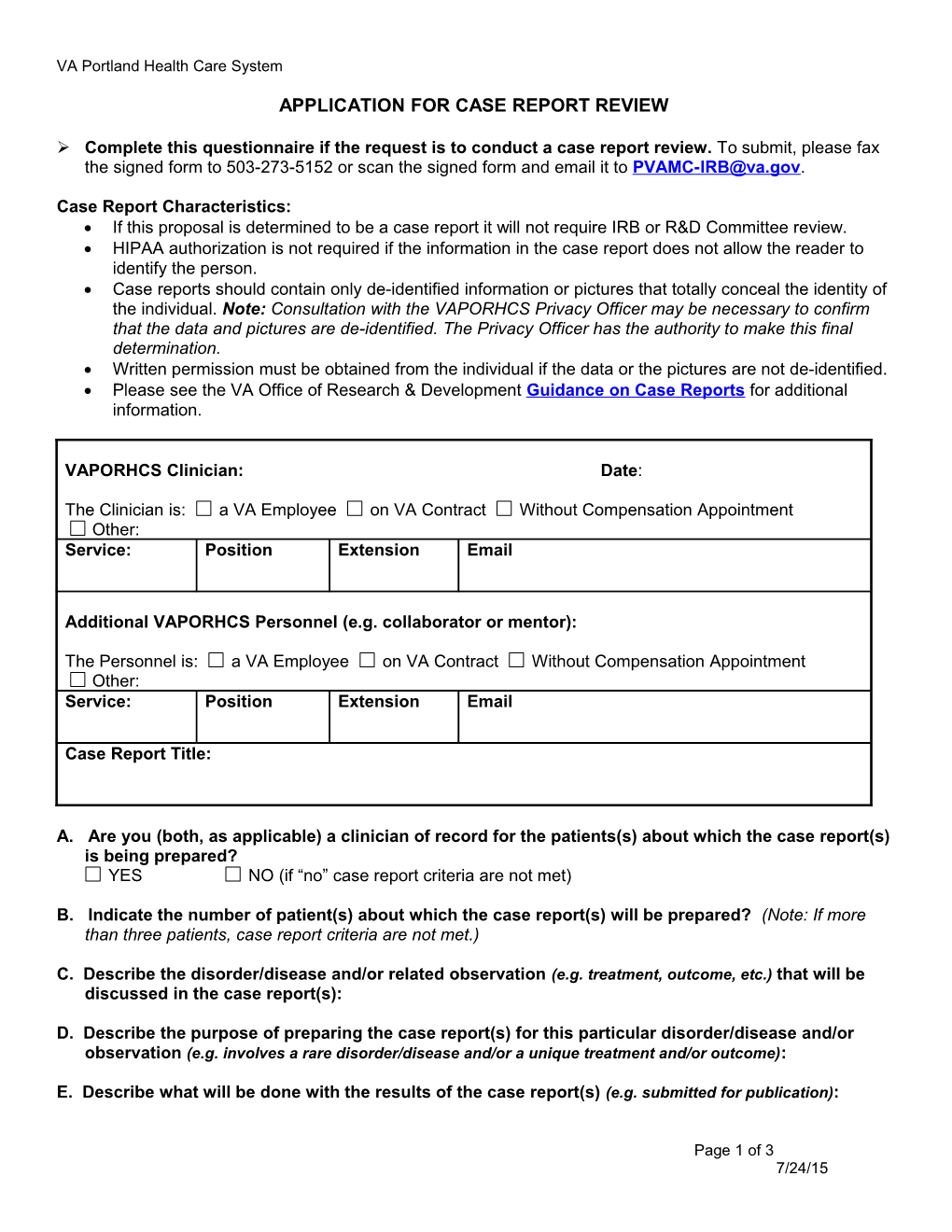 Application for Case Report Review (Portland VA Medical Center)