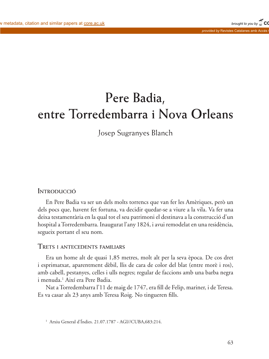 Pere Badia, Entre Torredembarra I Nova Orleans Josep Sugranyes Blanch