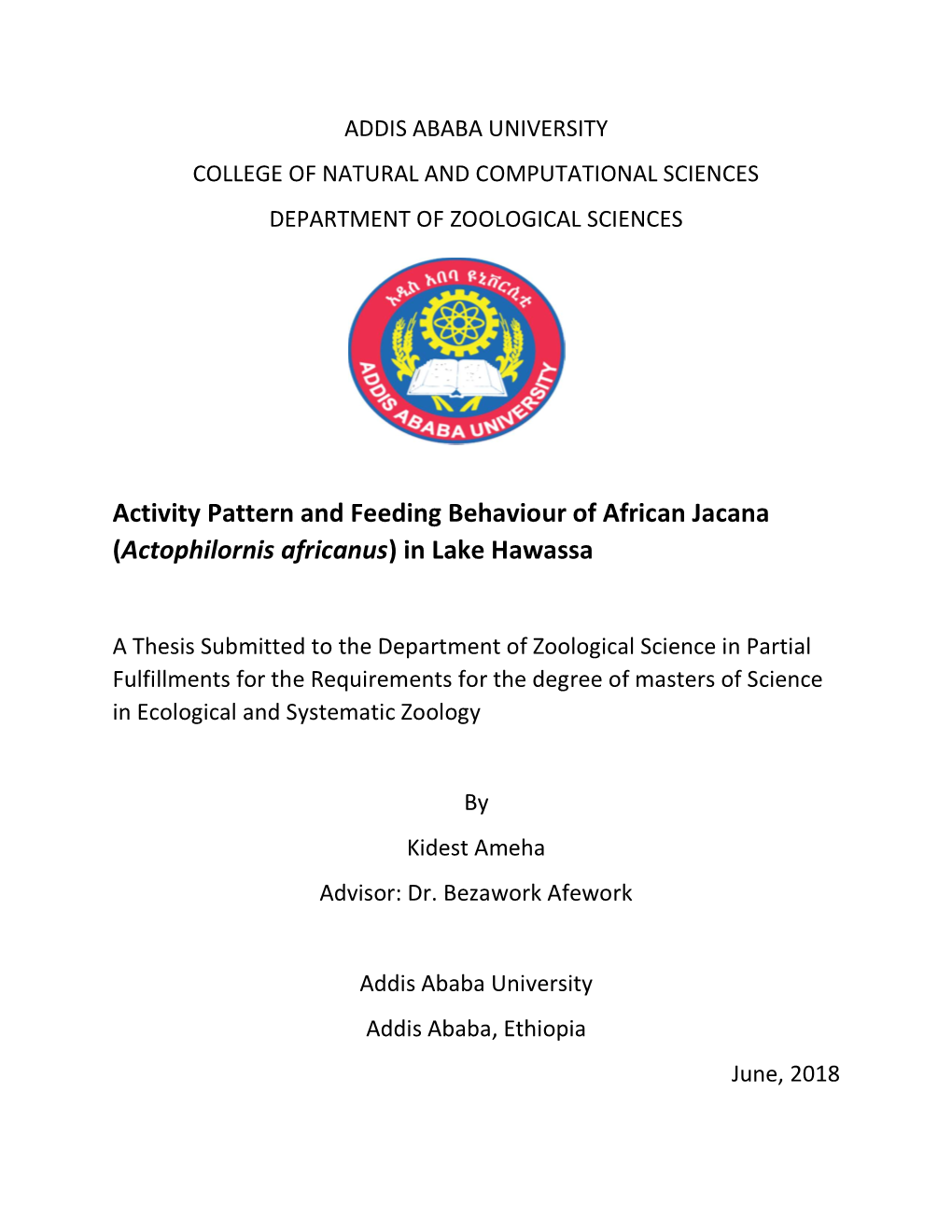 Activity Pattern and Feeding Behaviour of African Jacana (Actophilornis Africanus) in Lake Hawassa