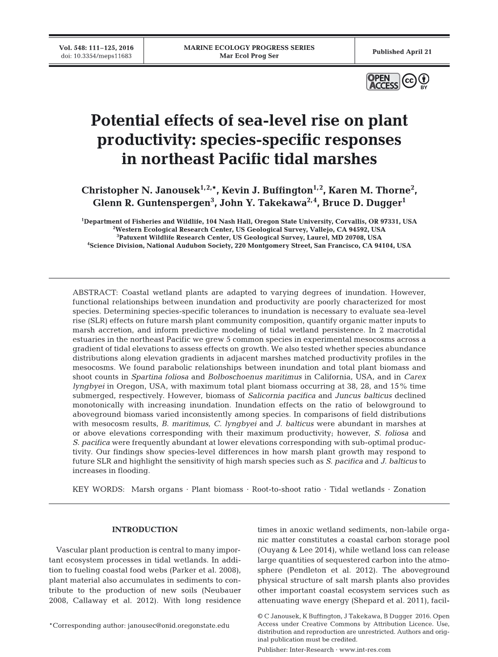 Potential Effects of Sea-Level Rise on Plant Productivity:: Species-Specific Responses in Northeast Pacific Tidal