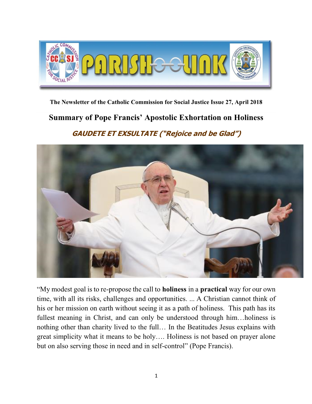 Summary of Pope Francis' Apostolic Exhortation on Holiness