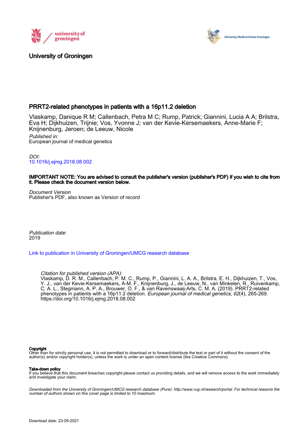 PRRT2-Related Phenotypes in Patients with a 16P11.2 Deletion