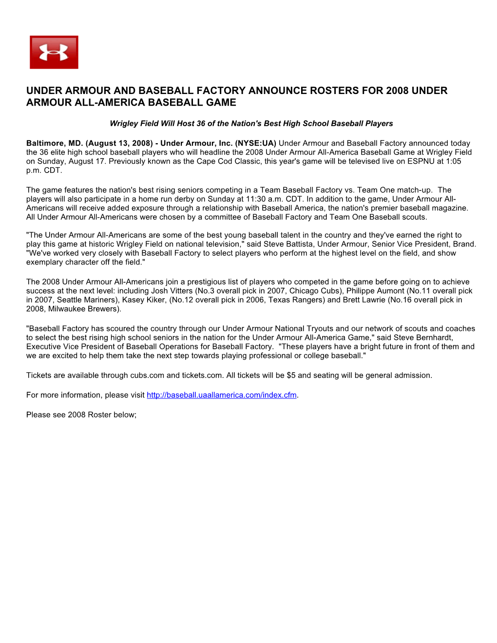 Under Armour and Baseball Factory Announce Rosters for 2008 Under Armour All-America Baseball Game