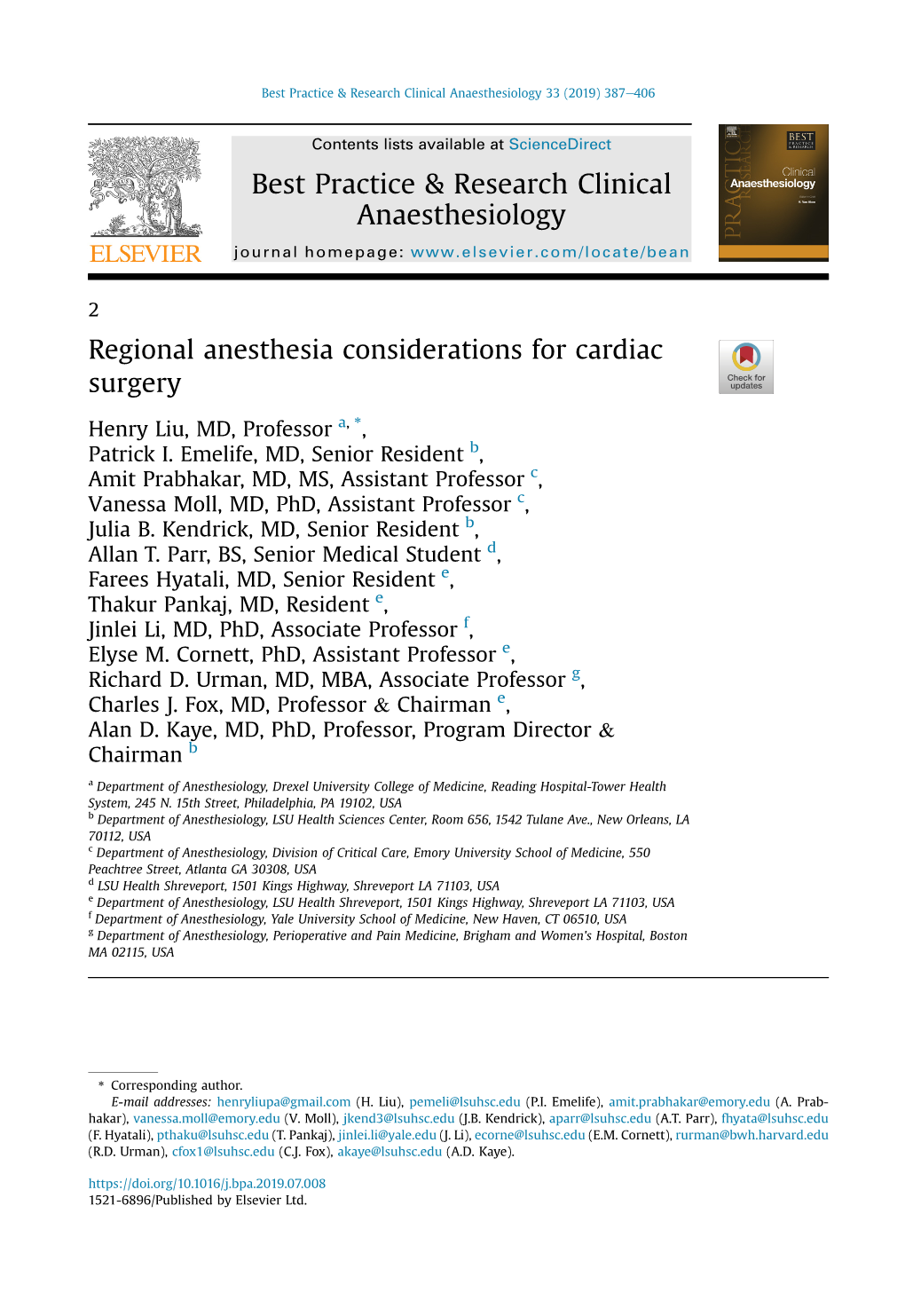 Regional Anesthesia Considerations for Cardiac Surgery