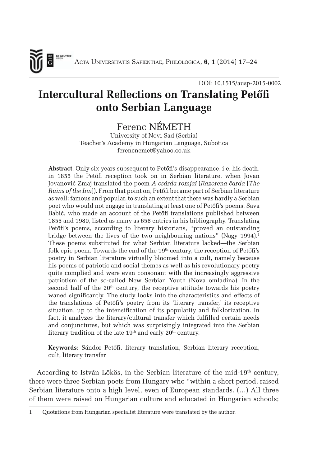 Intercultural Remections on Translating Petől Onto Serbian