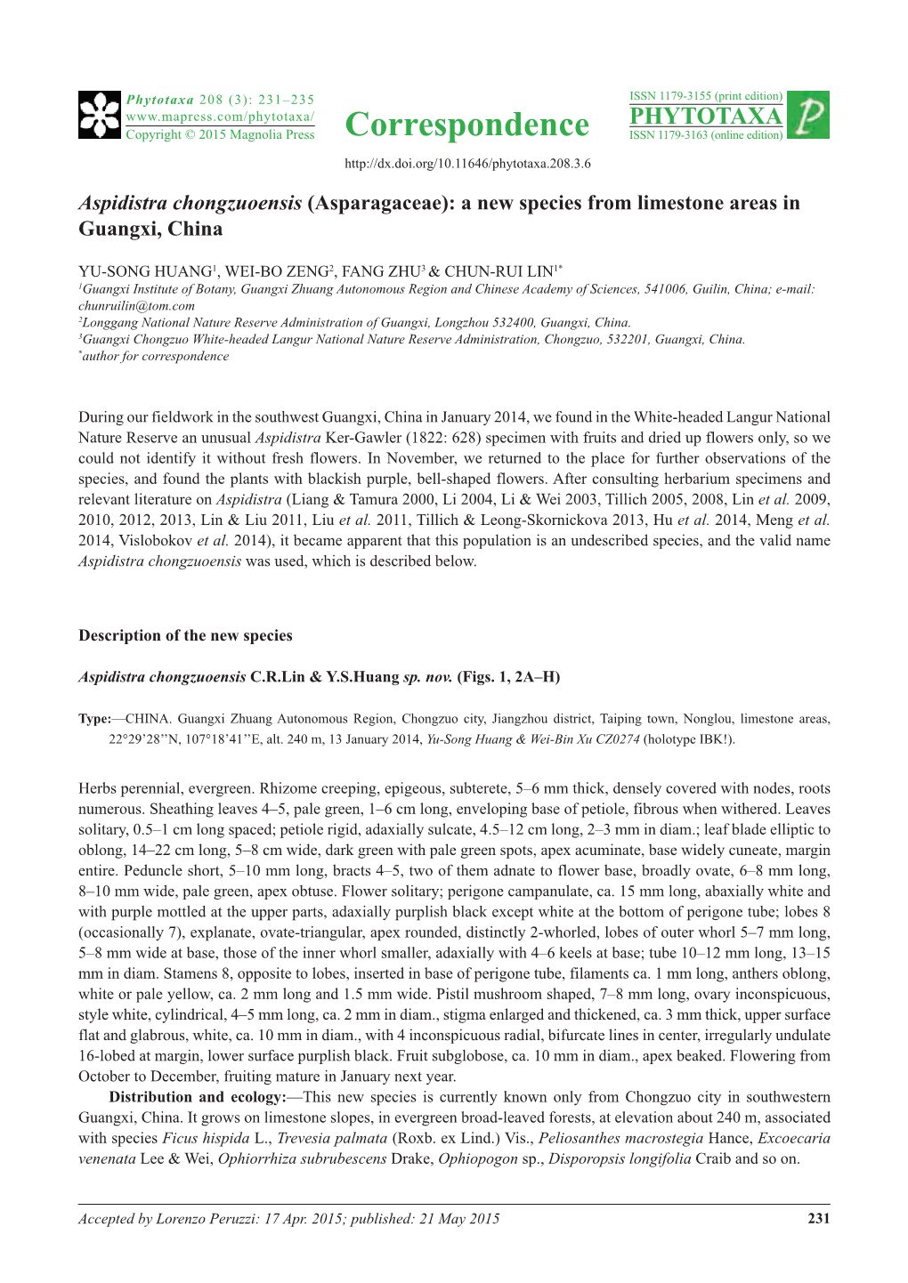 Aspidistra Chongzuoensis (Asparagaceae): a New Species from Limestone Areas in Guangxi, China