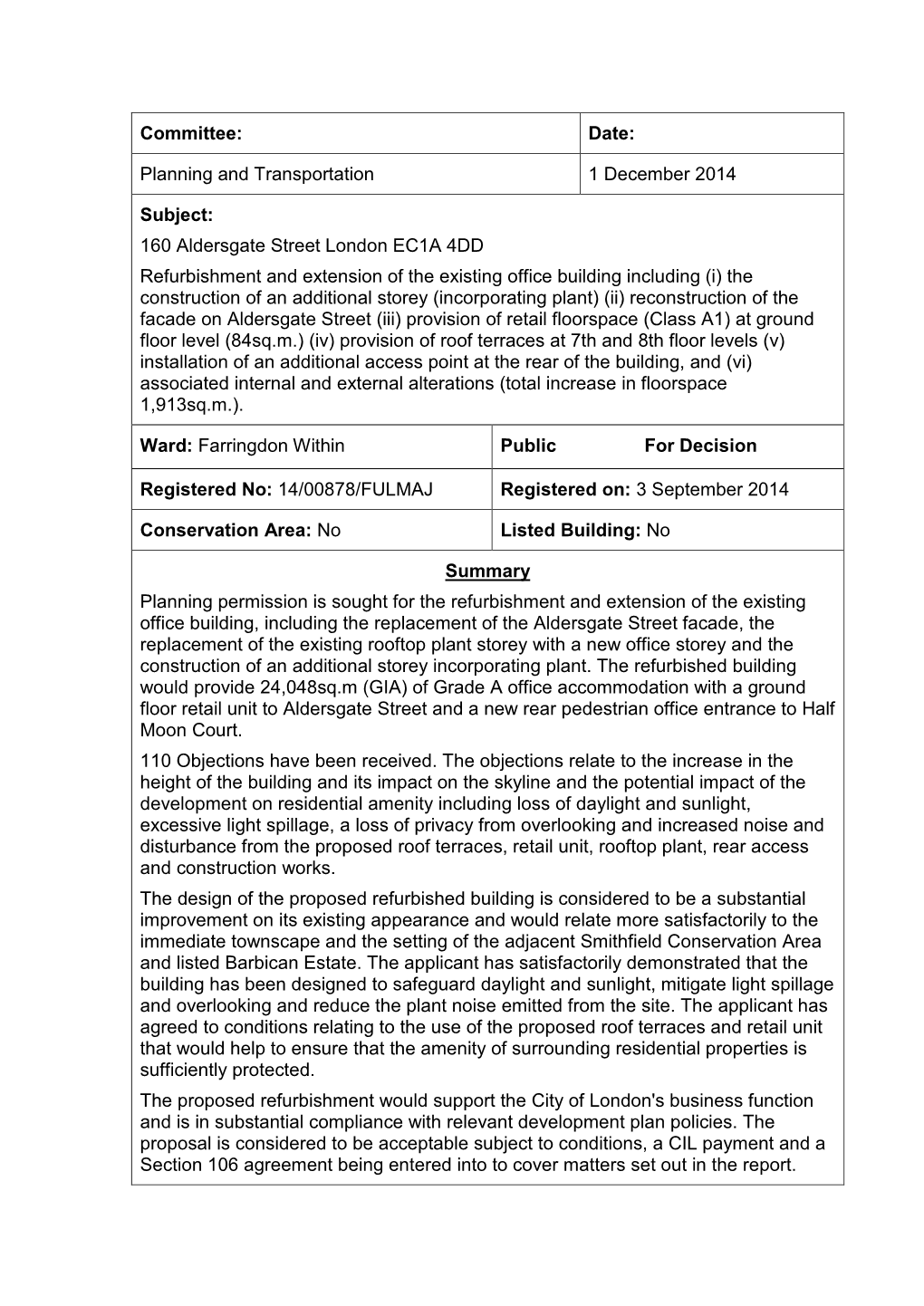 Committee: Date: Planning and Transportation 1 December 2014 Subject: 160 Aldersgate Street London EC1A 4DD Refurbishment