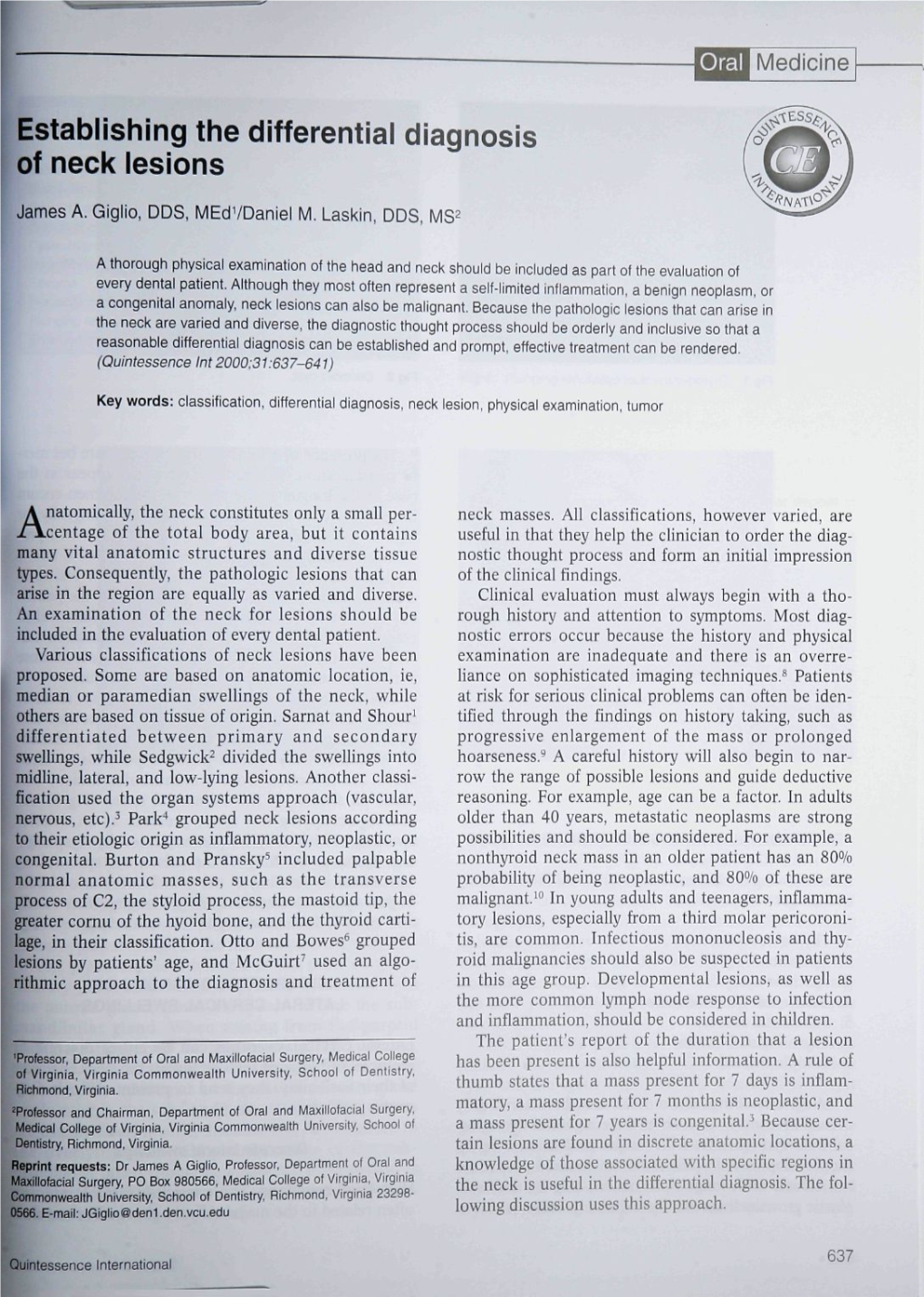 Establishing the Differential Diagnosis of Neck Lesions