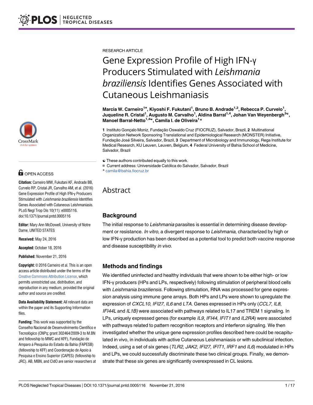 Gene Expression Profile of High IFN-Γ Producers Stimulated with Leishmania Braziliensis Identifies Genes Associated with Cutaneous Leishmaniasis