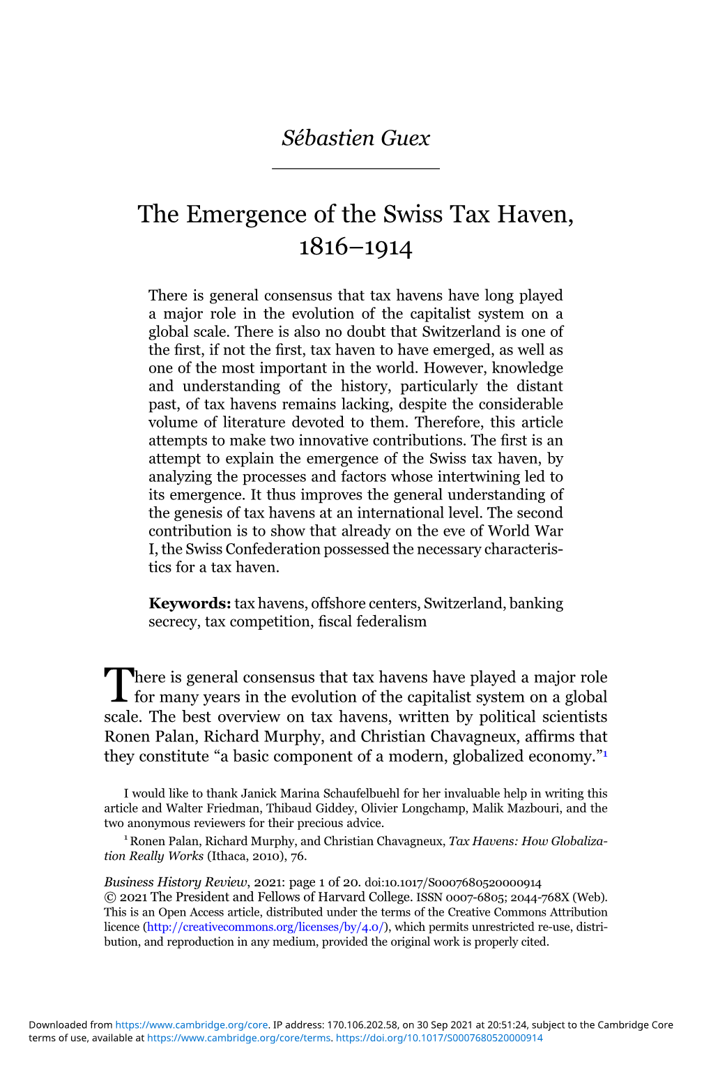 The Emergence of the Swiss Tax Haven, 1816–1914