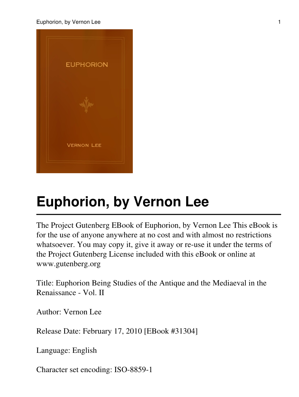 Euphorion, by Vernon Lee 1