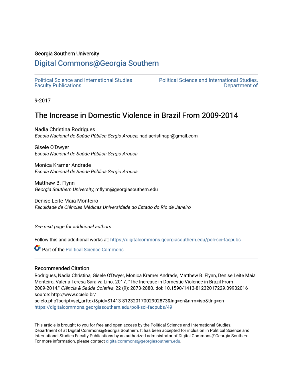 The Increase in Domestic Violence in Brazil from 2009-2014