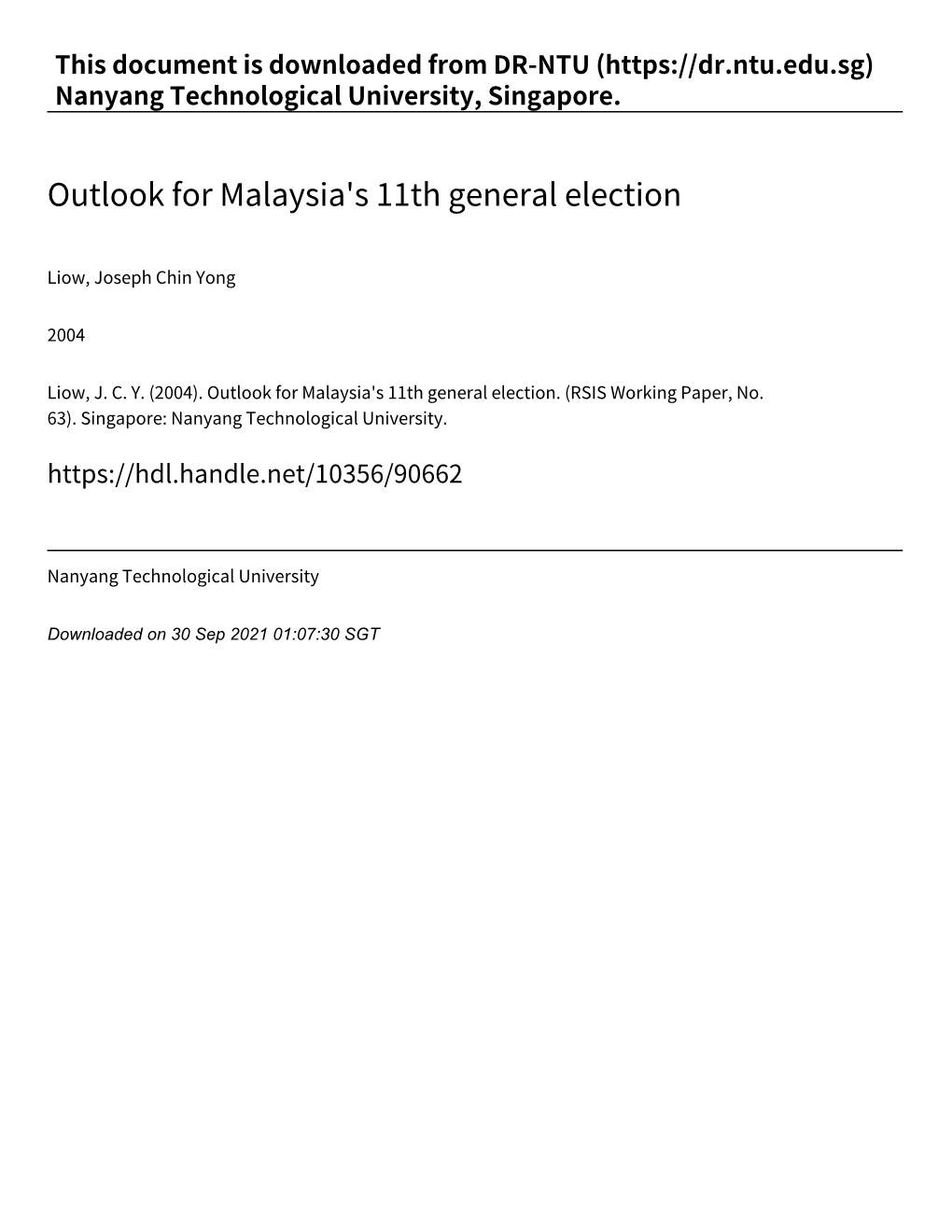 Outlook for Malaysia's 11Th General Election