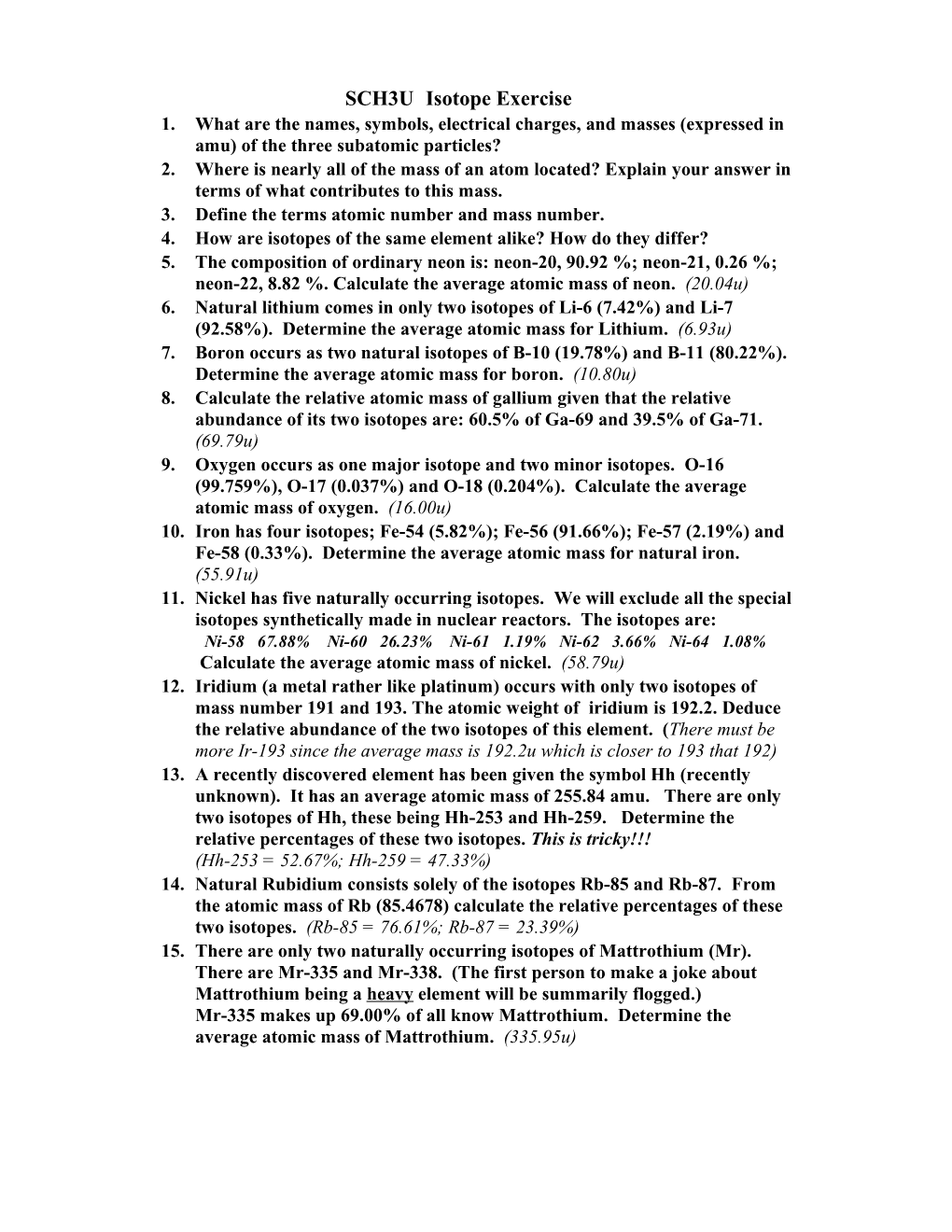 SCH3U Isotope Exercise