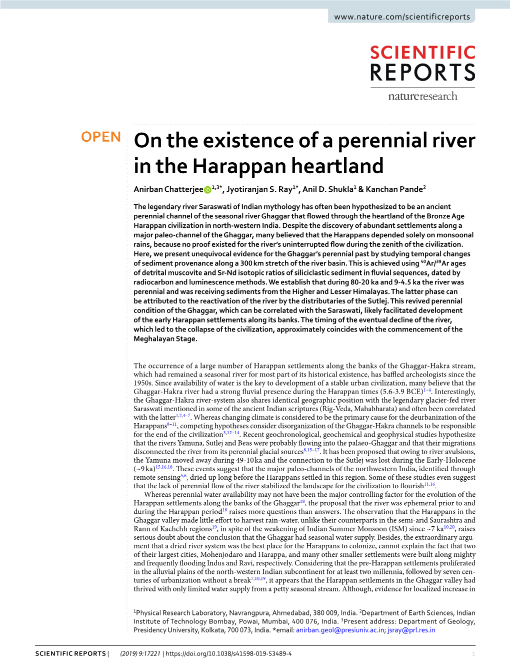 On the Existence of a Perennial River in the Harappan Heartland Anirban Chatterjee 1,3*, Jyotiranjan S