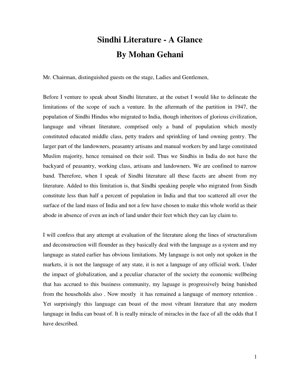 Sindhi Literature - a Glance by Mohan Gehani