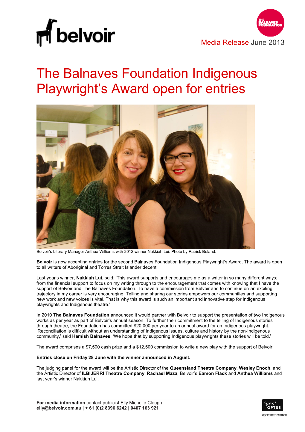 The Balnaves Foundation Indigenous Playwright’S Award Open for Entries
