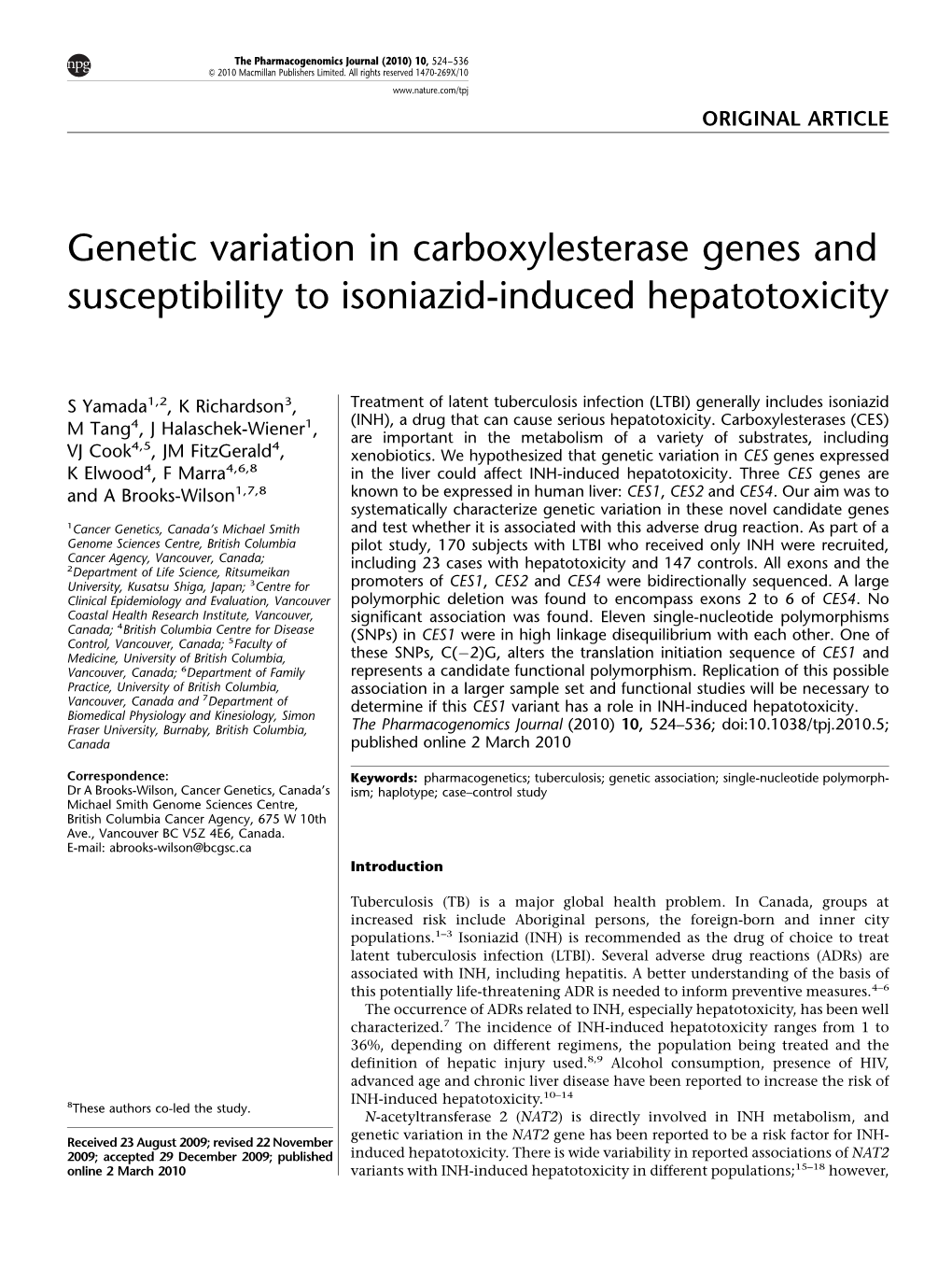 Genetic Variation in Carboxylesterase Genes and Susceptibility to Isoniazid-Induced Hepatotoxicity