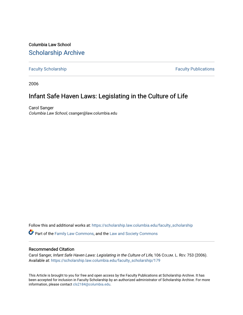 Infant Safe Haven Laws: Legislating in the Culture of Life