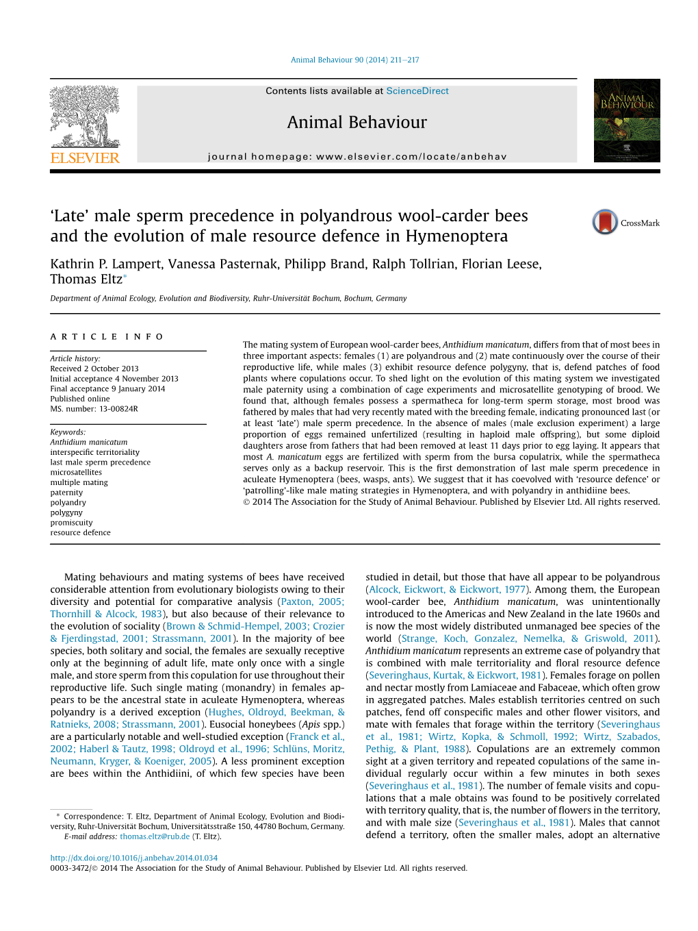 `Late' Male Sperm Precedence in Polyandrous Wool-Carder Bees And