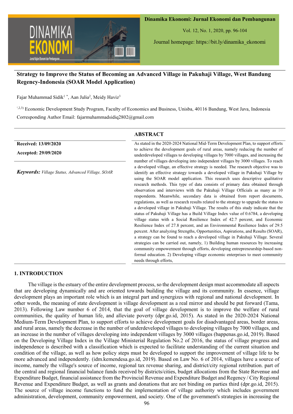 Strategy to Improve the Status of Becoming an Advanced Village in Pakuhaji Village, West Bandung Regency-Indonesia (SOAR Model Application)