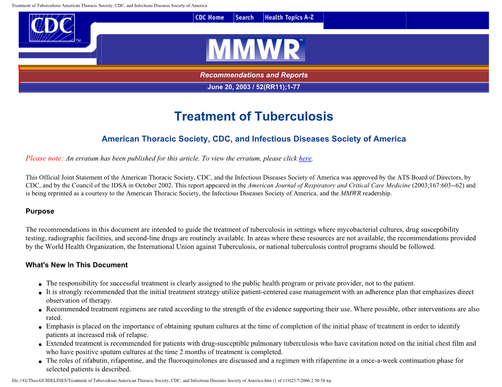 Treatment of Tuberculosis American Thoracic Society, CDC, and Infectious Diseases Society of America