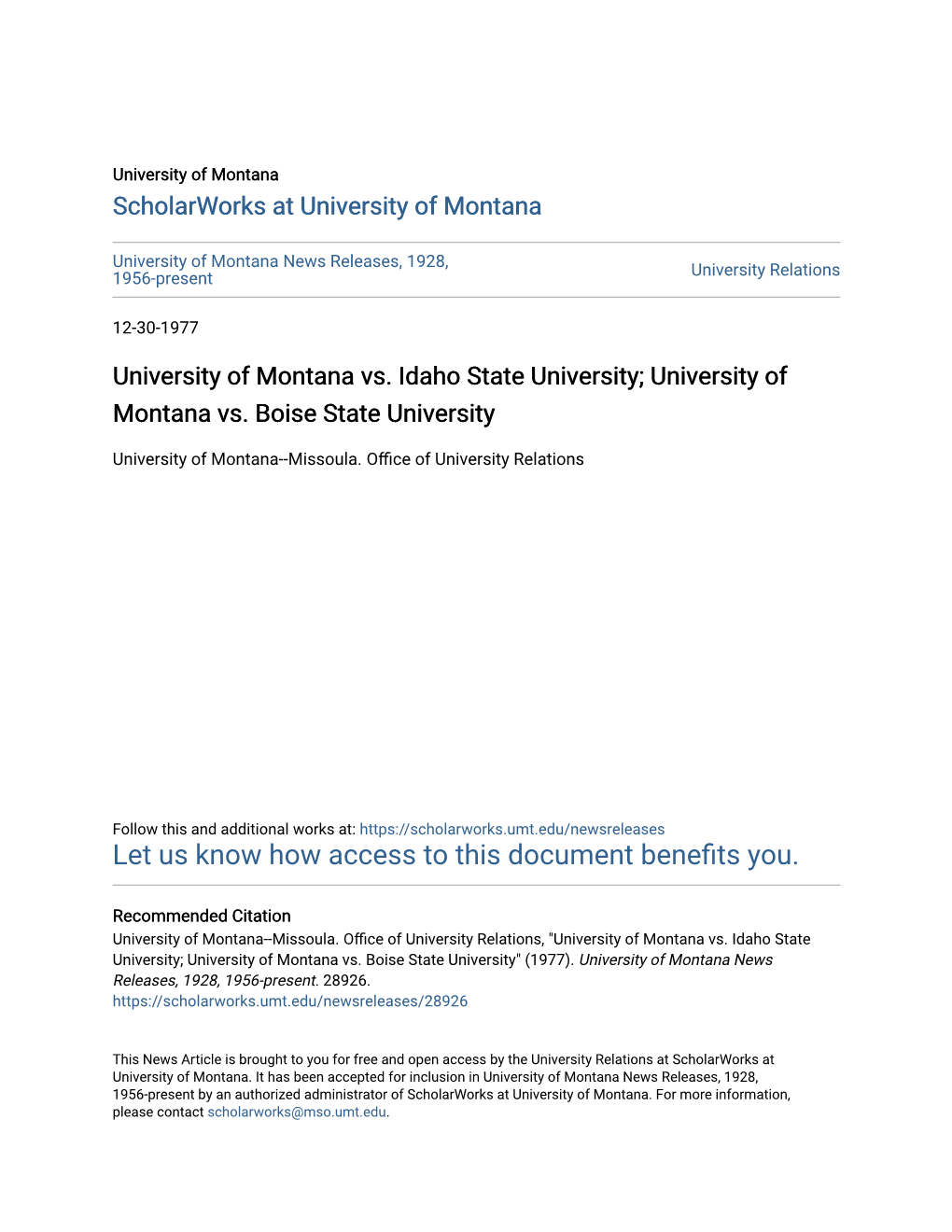 University of Montana Vs. Idaho State University; University of Montana Vs