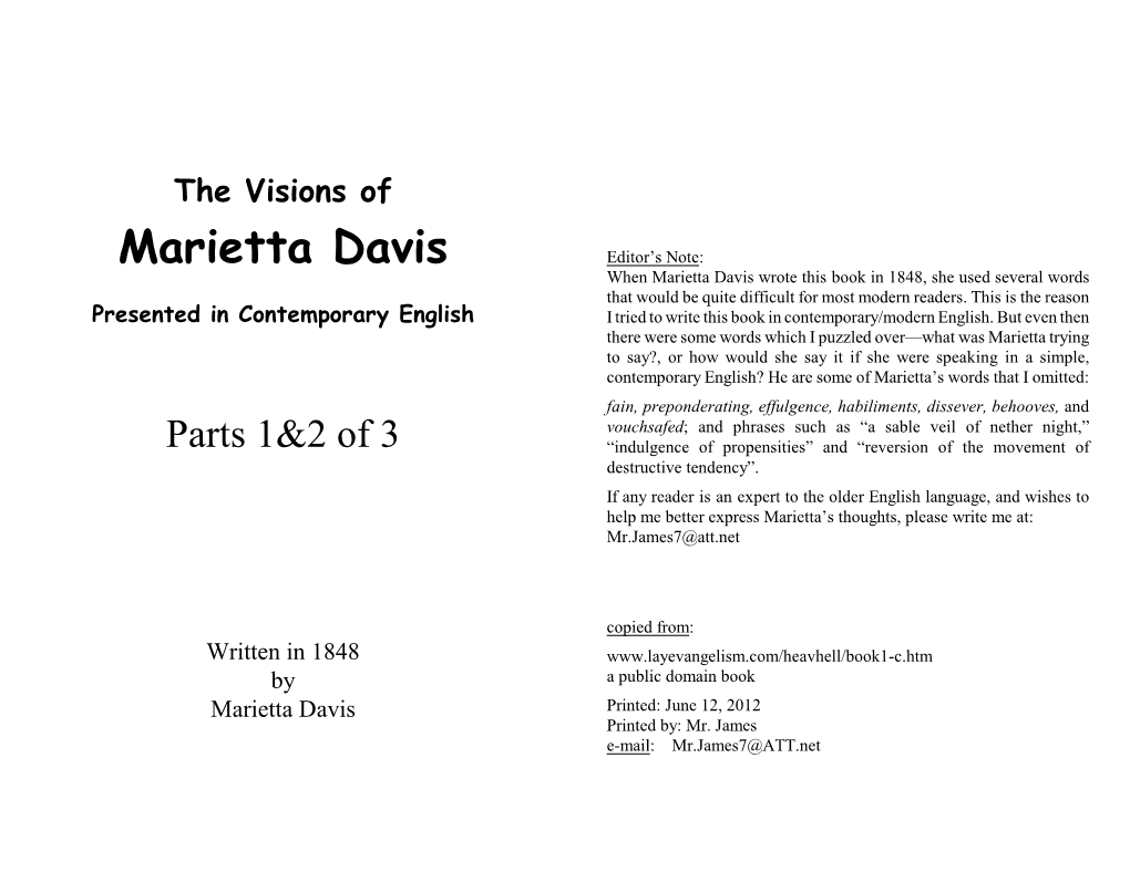 Marietta Davis Editor’S Note: When Marietta Davis Wrote This Book in 1848, She Used Several Words That Would Be Quite Difficult for Most Modern Readers