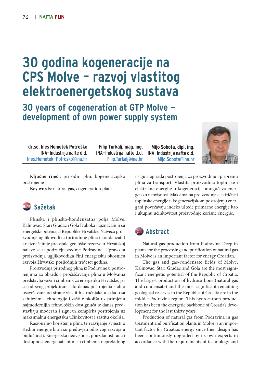 30 Godina Kogeneracije Na CPS Molve – Razvoj Vlastitog Elektroenergetskog Sustava 30 Years of Cogeneration at GTP Molve - Development of Own Power Supply System