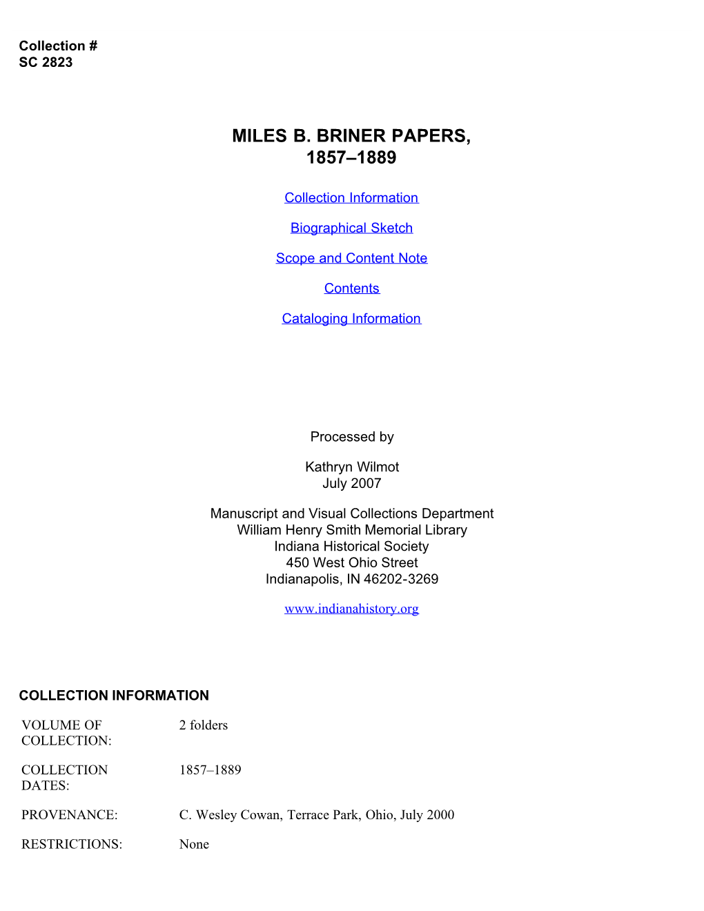 Miles B. Briner Papers, 1857-1889