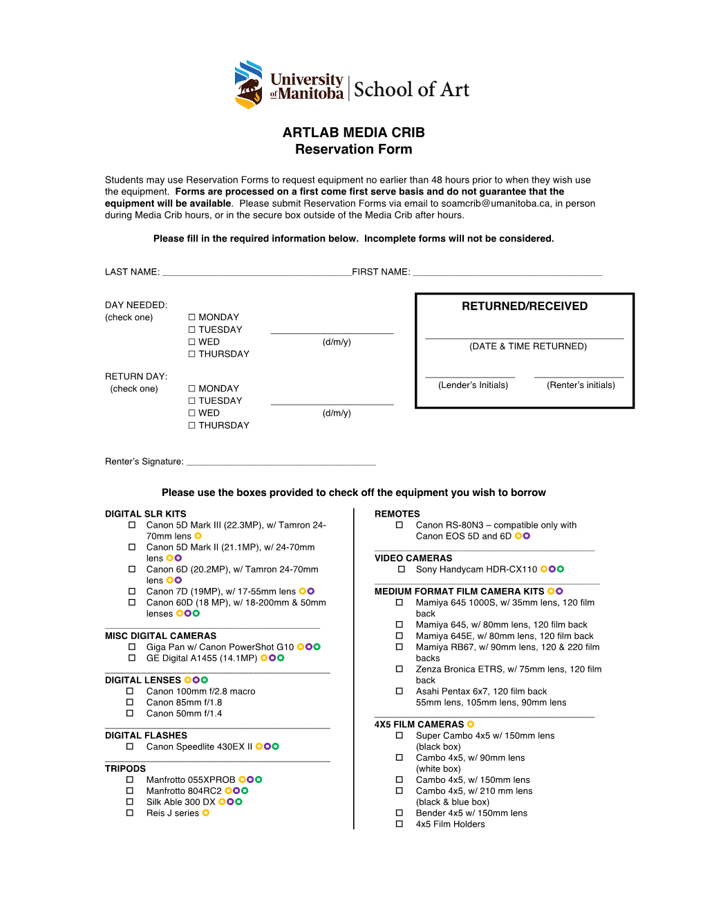 ARTLAB MEDIA CRIB Reservation Form