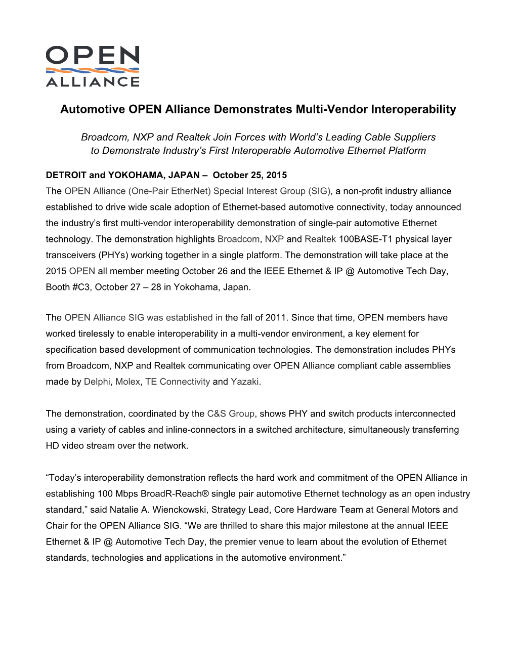 Automotive OPEN Alliance Demonstrates Multi-Vendor Interoperability