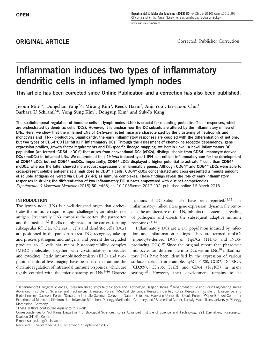 Inflammation Induces Two Types of Inflammatory Dendritic Cells in Inflamed Lymph Nodes
