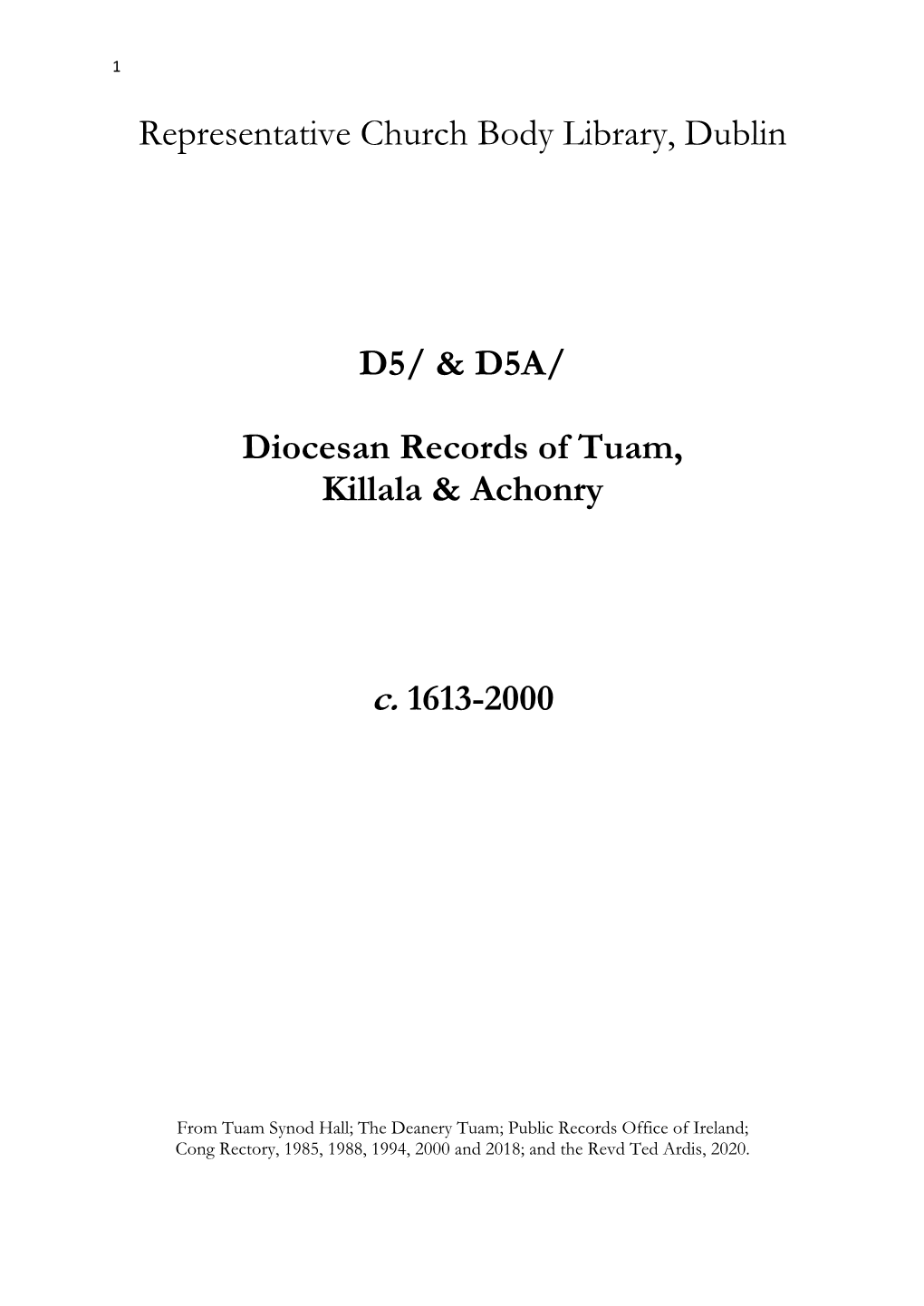 Diocesan Records of Tuam, Killala & Achonry C. 1613