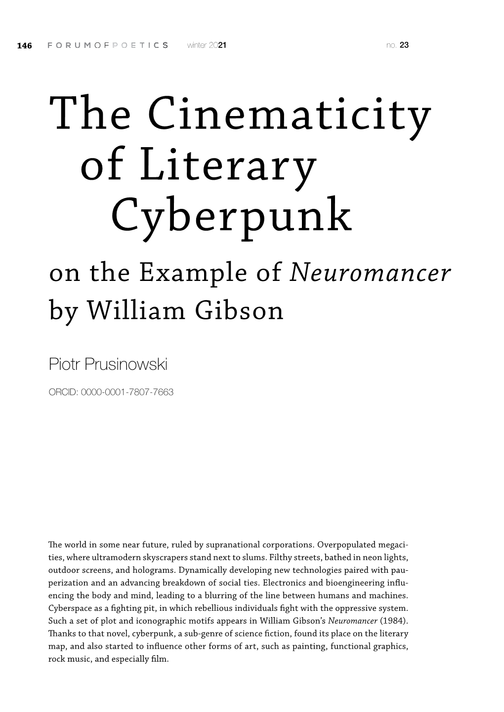 The Cinematicity of Literary Cyberpunk on the Example of Neuromancer by William Gibson
