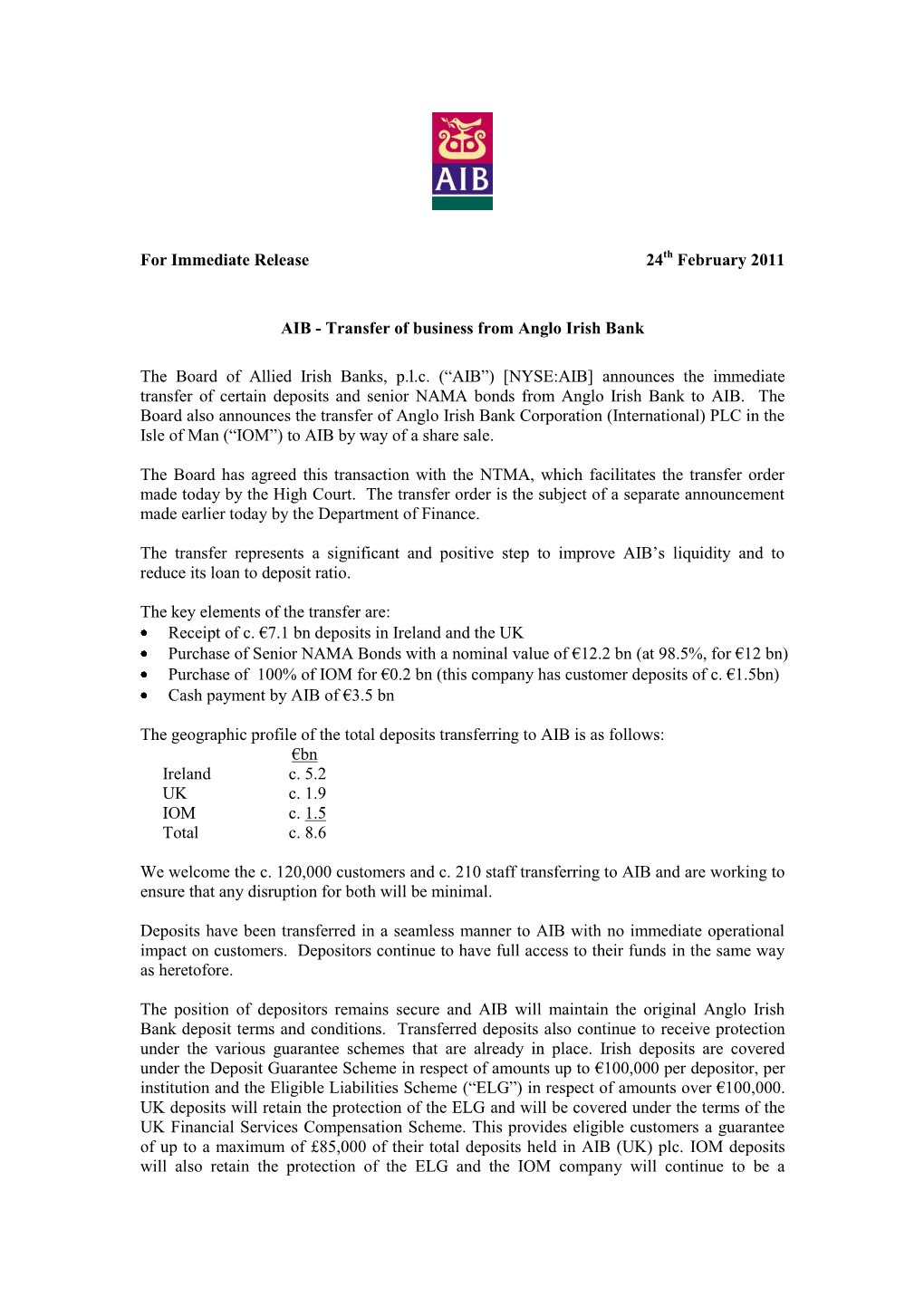 Transfer of Business from Anglo Irish Bank the Board of Allied Irish