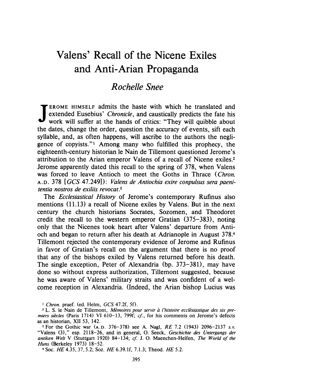 Valens' Recall of the Nicene Exiles and Anti-Arian Propaganda , Greek, Roman and Byzantine Studies, 26:4 (1985:Winter) P.395