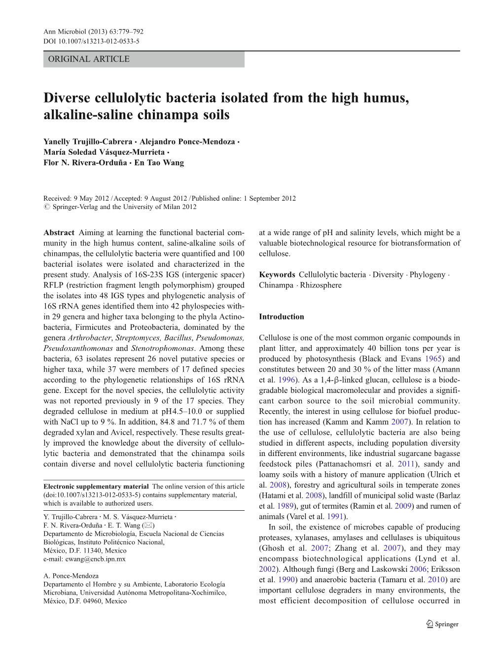 Diverse Cellulolytic Bacteria Isolated from the High Humus, Alkaline-Saline Chinampa Soils
