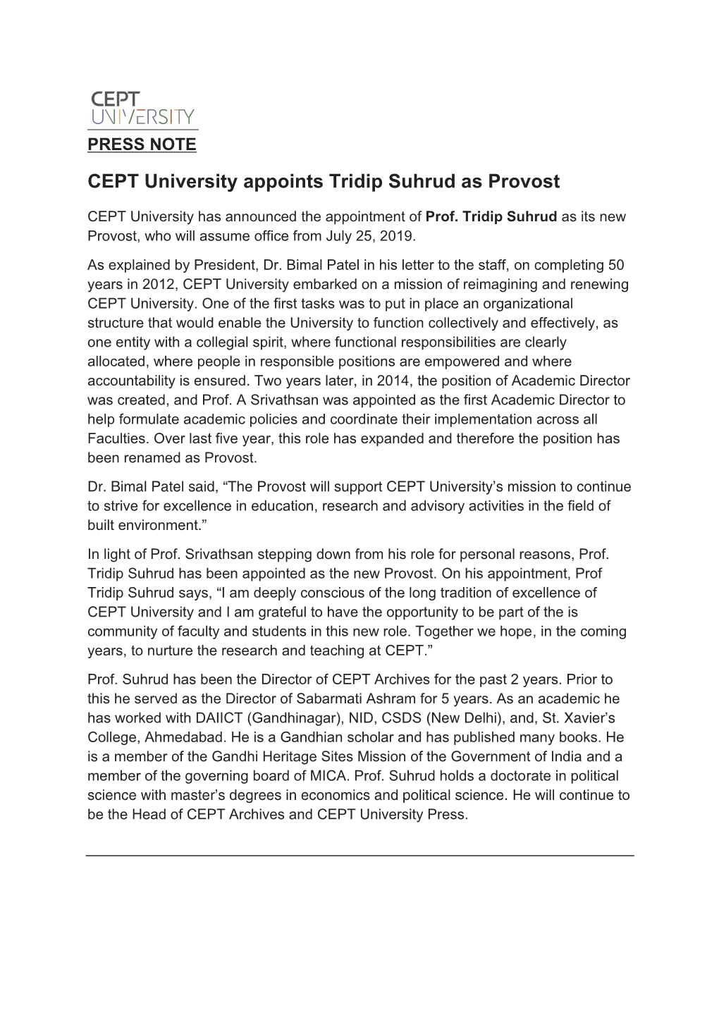 CEPT University Appoints Tridip Suhrud As Provost