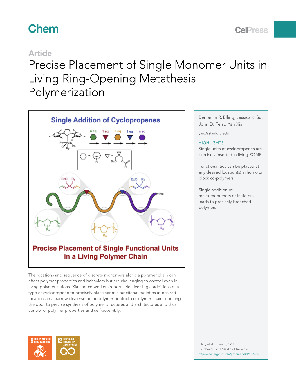 Precise Placement of Single Monomer Units in Living Ring-Opening Metathesis Polymerization
