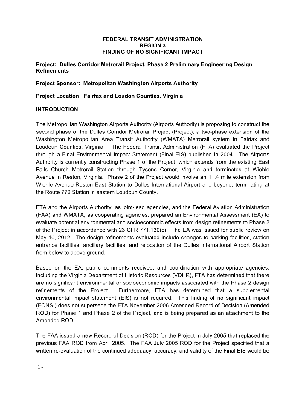 Dulles Corridor Metrorail Project, Phase 2 Preliminary Engineering Design Refinements