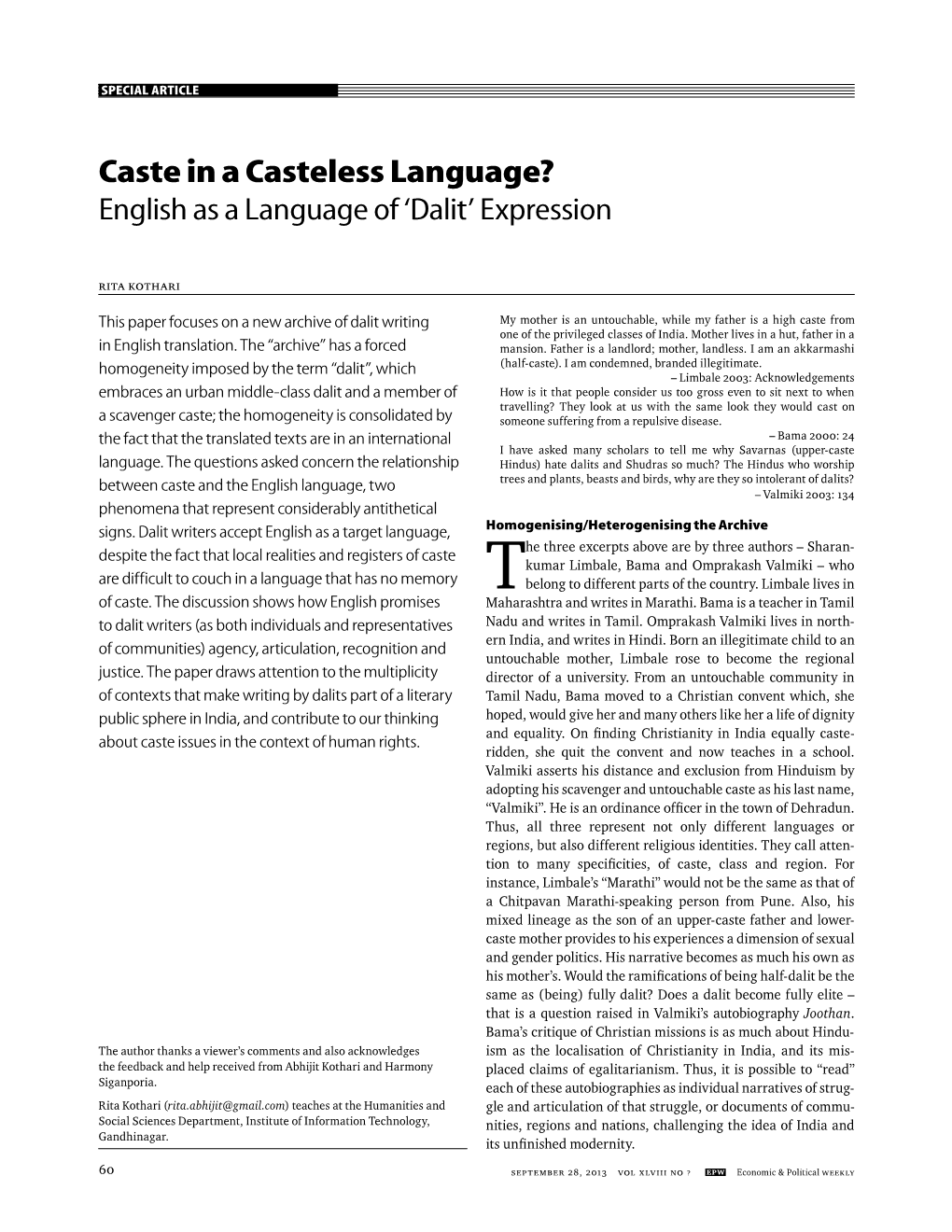 Caste in a Casteless Language? English As a Language of ‘Dalit’ Expression