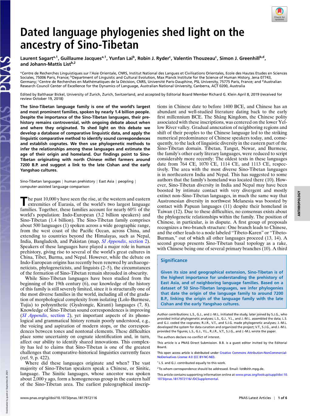 Dated Language Phylogenies Shed Light on the Ancestry of Sino-Tibetan