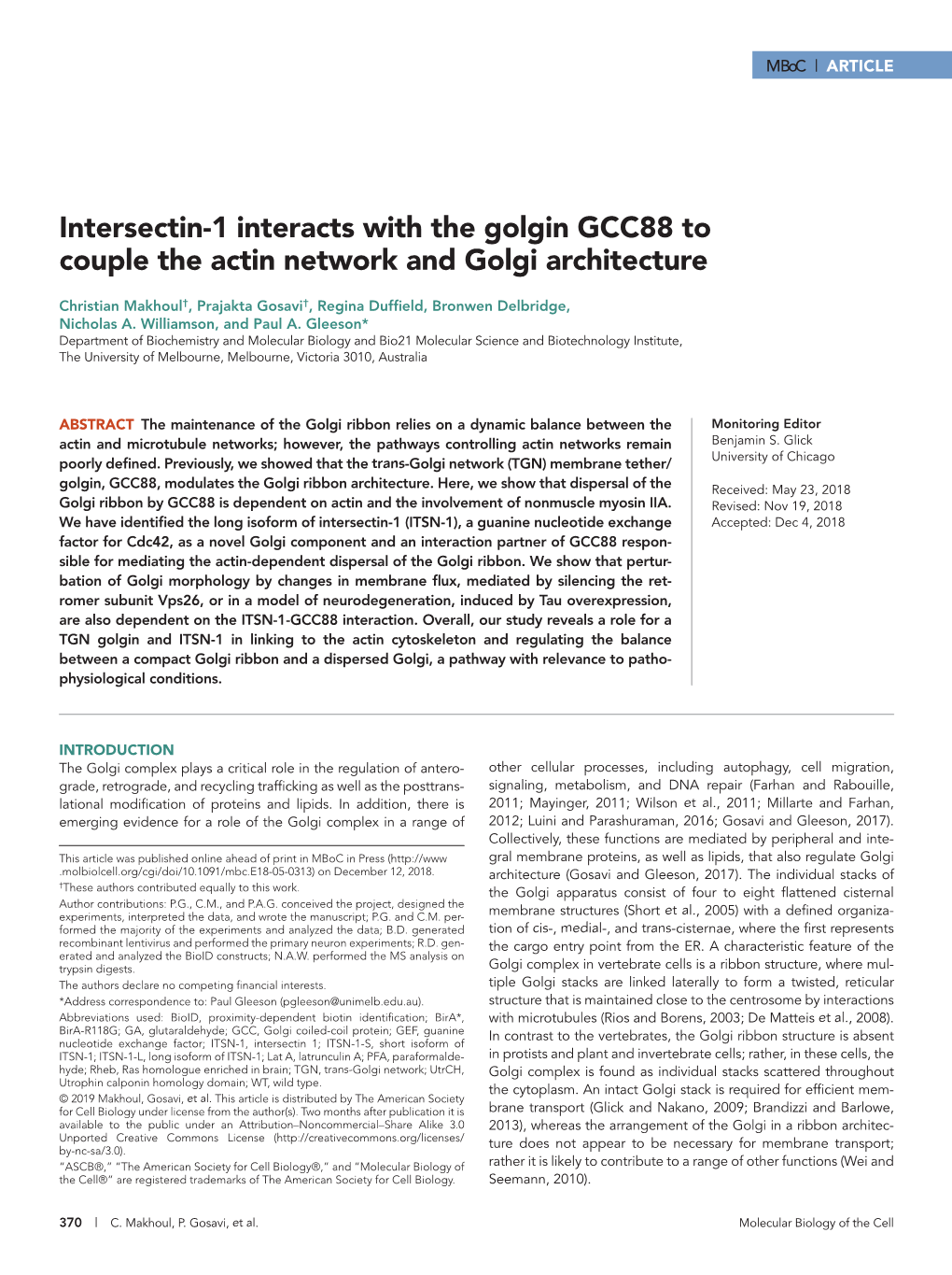 Intersectin-1 Interacts with the Golgin GCC88 to Couple the Actin Network and Golgi Architecture