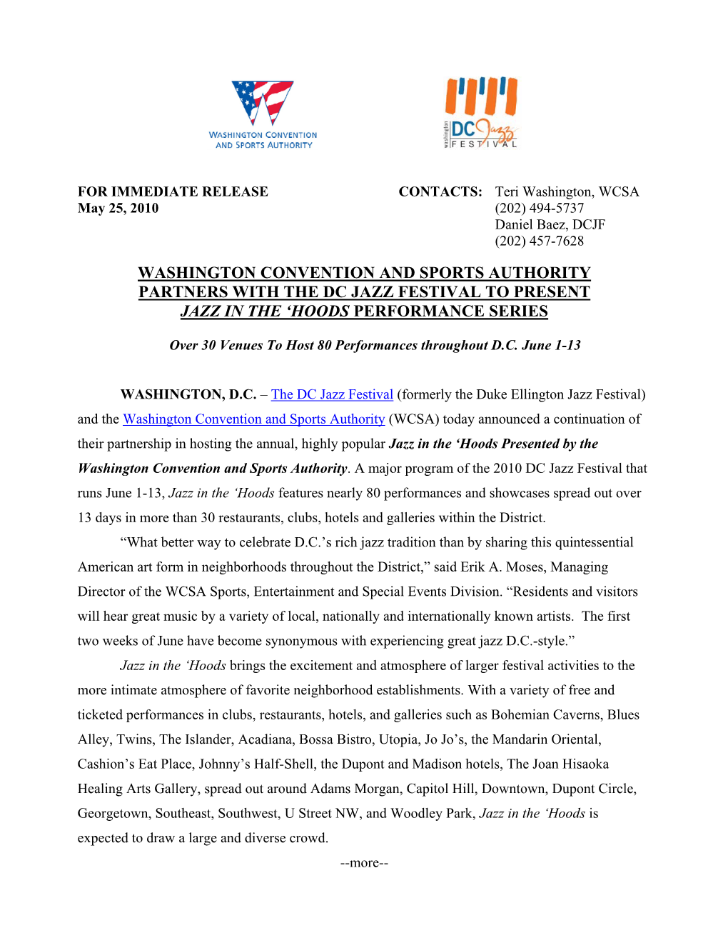 Washington Convention and Sports Authority Partners with the Dc Jazz Festival to Present Jazz in the ‘Hoods Performance Series