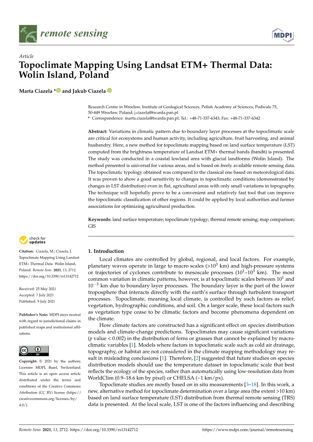 Topoclimate Mapping Using Landsat ETM+ Thermal Data: Wolin Island, Poland