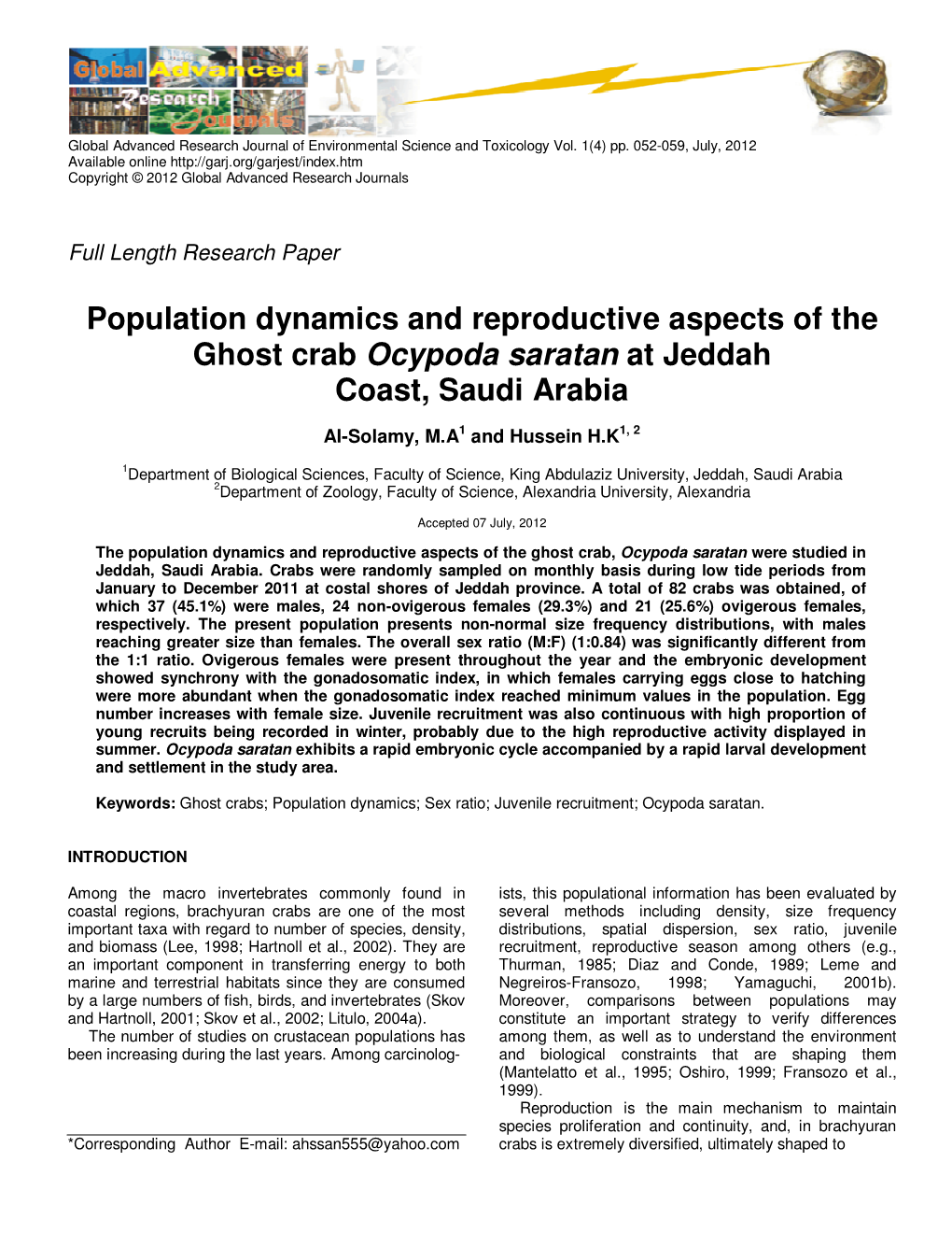 Population Dynamics and Reproductive Aspects of the Ghost Crab Ocypoda Saratan at Jeddah Coast, Saudi Arabia