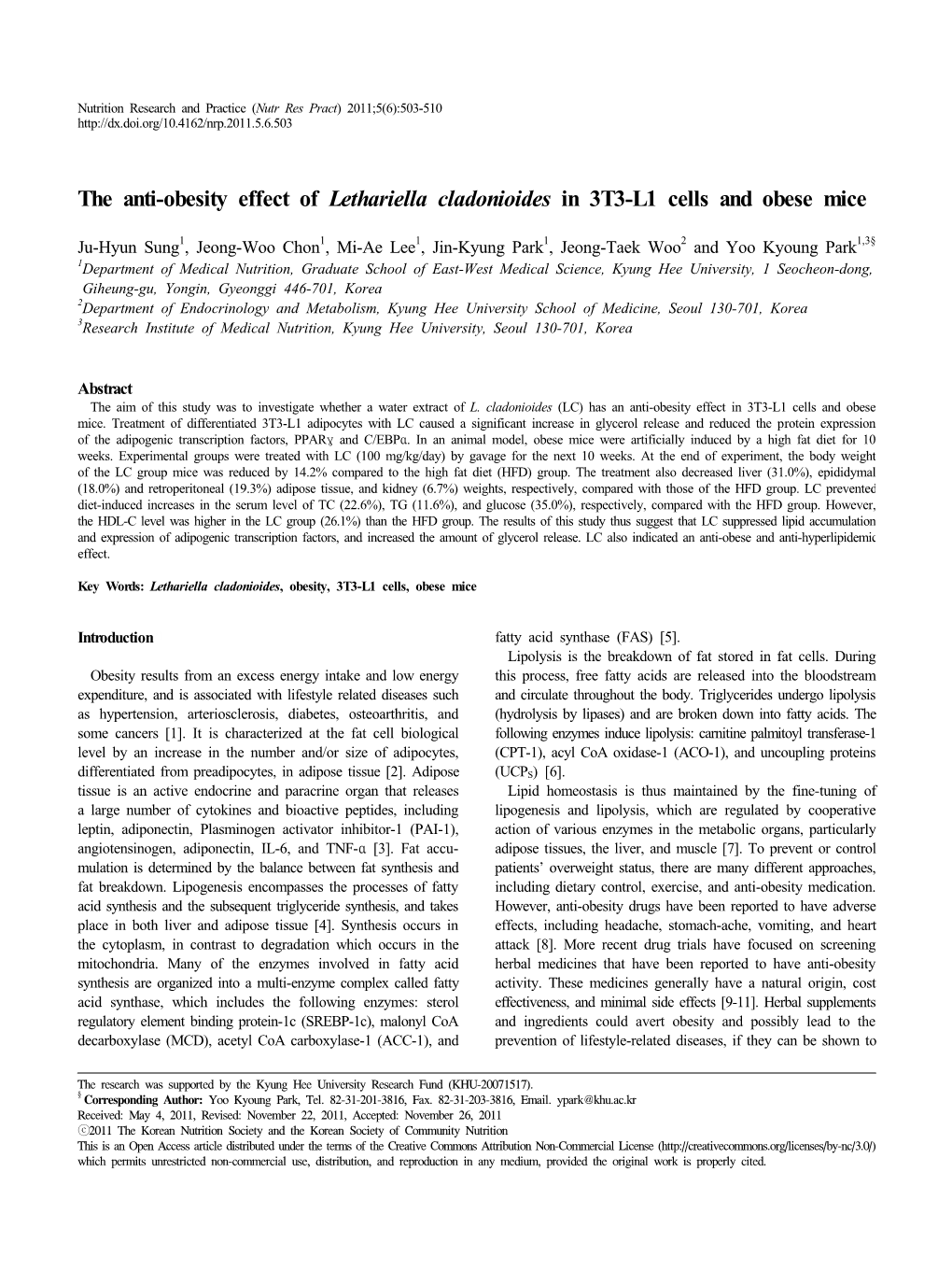 The Anti-Obesity Effect of Lethariella Cladonioides in 3T3-L1 Cells and Obese Mice